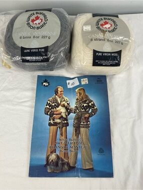 Vintage White Buffalo Canadian Wool Yarn 2 Skeins + 1976 Pattern